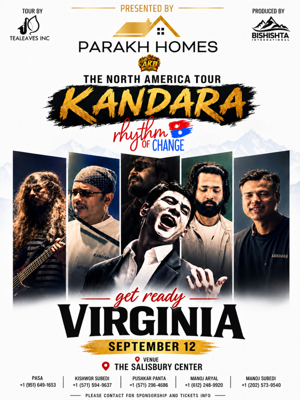 Kandara — The North America Tour full poster: five band members in high-contrast black and white with 'get ready VIRGINIA', September 12, 2026 at The Salisbury Center, Manassas VA